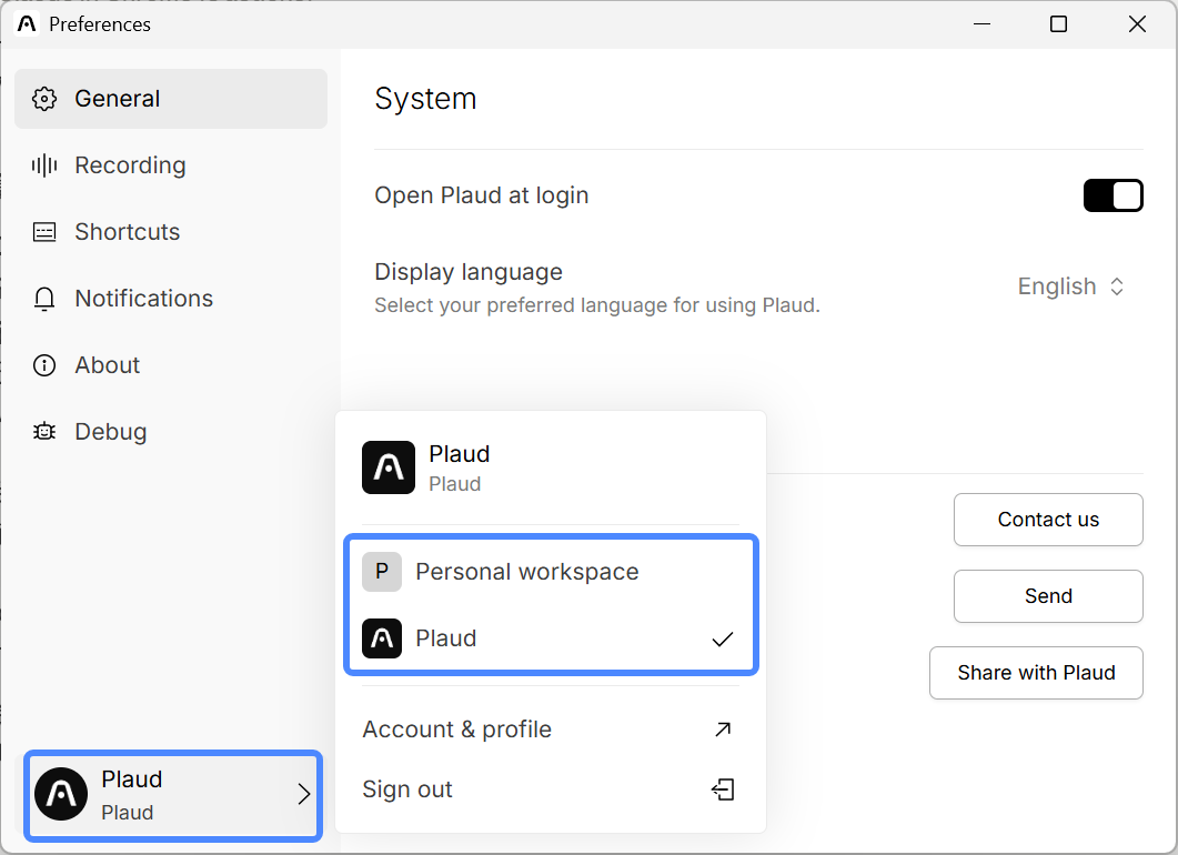 Switch workspace on Plaud Desktop