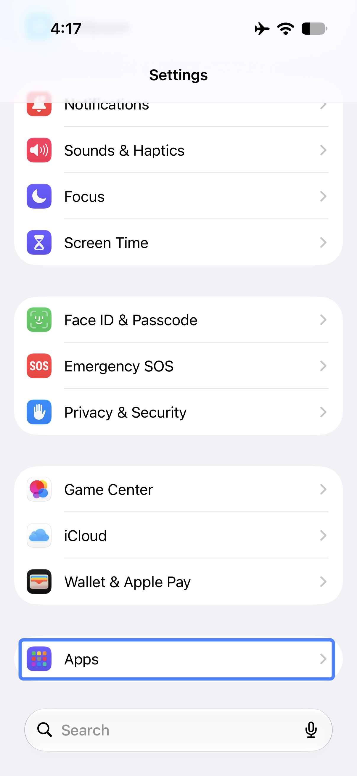 Ajustes del iPhone, entrada Aplicaciones