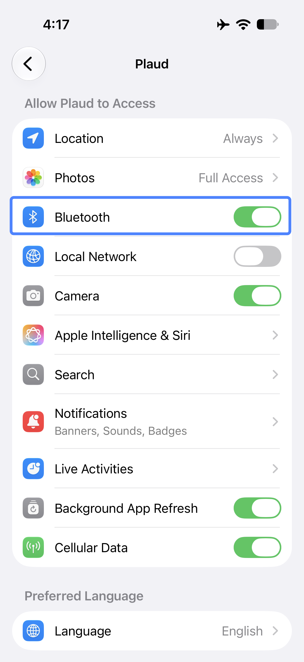 Ajustes de la Plaud App, interruptor de Bluetooth activado